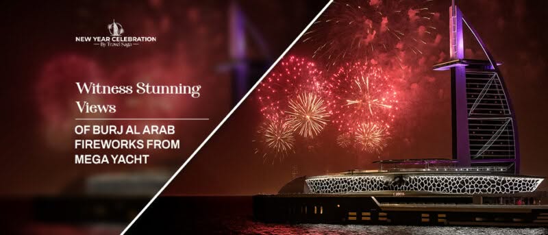 Stunning Views Of Burj Al Arab Fireworks From Mega Yacht during Dubai's spectacular New Year celebration